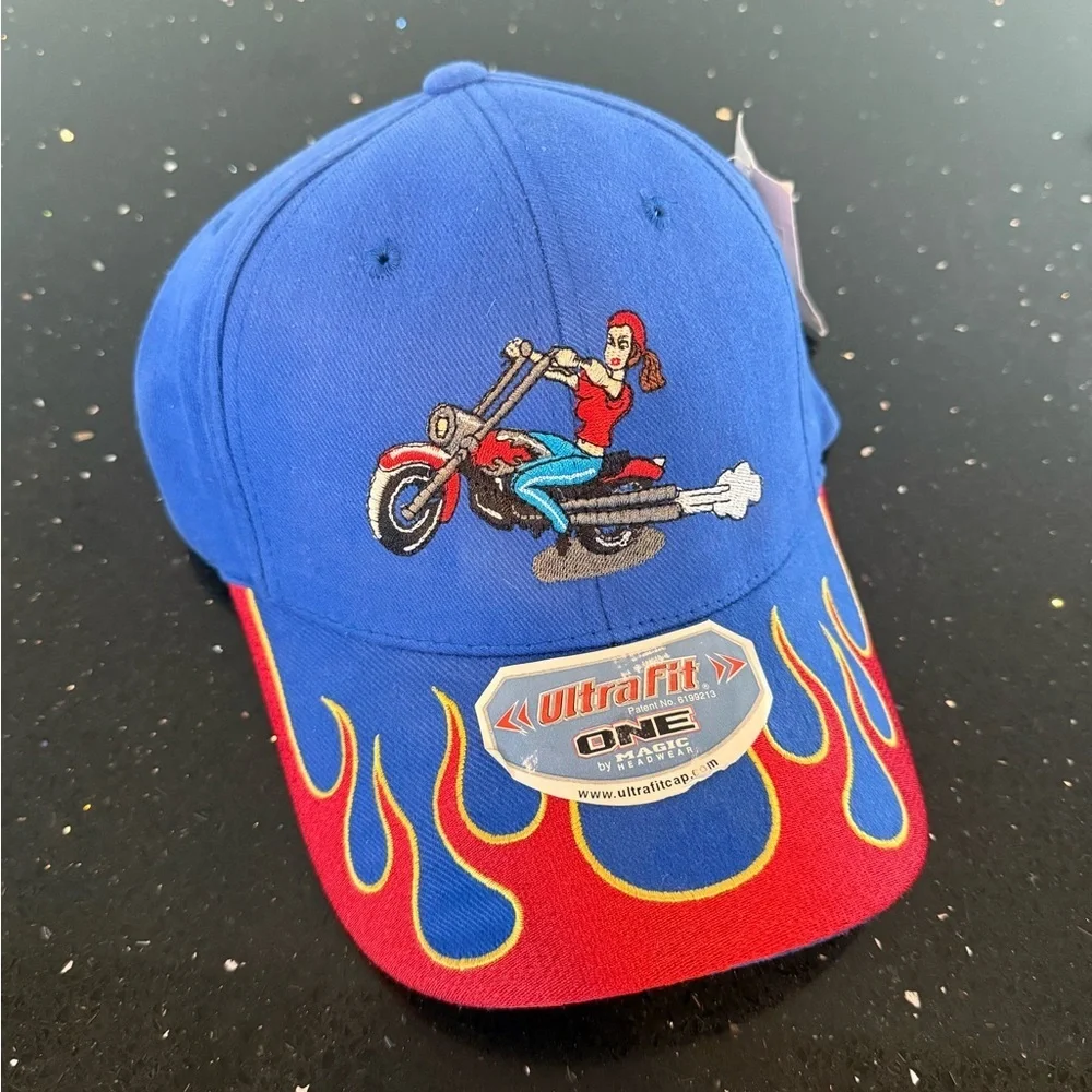 Blue and Red Motorcycle Graphic Cap